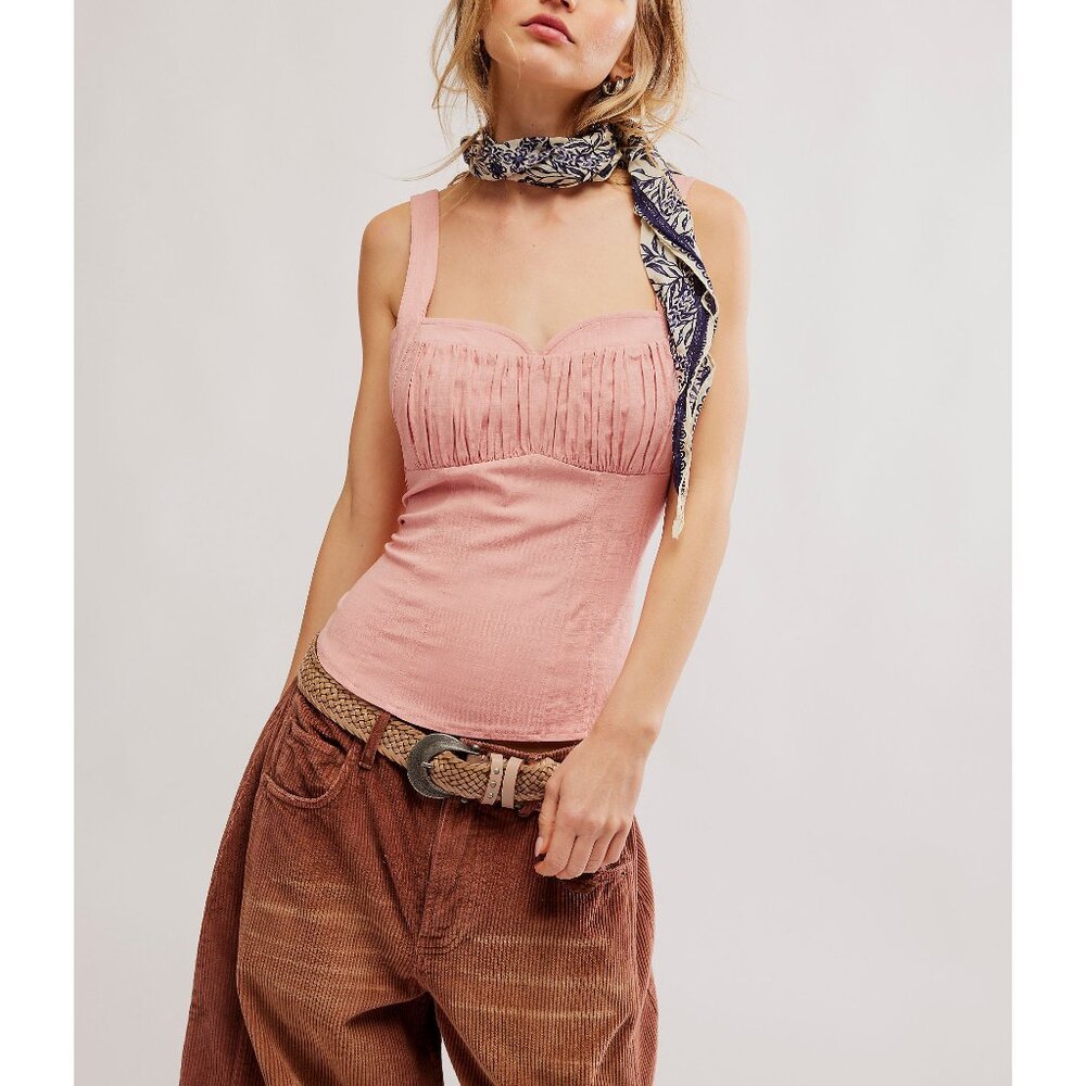 Free People Pink Ribbed Tank Top with Sweetheart Neckline